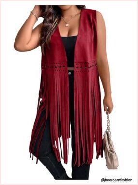 Plus Size Western Fringe Vest Tassel Hippie Sleeveless Jacket Cowgirl Outfit